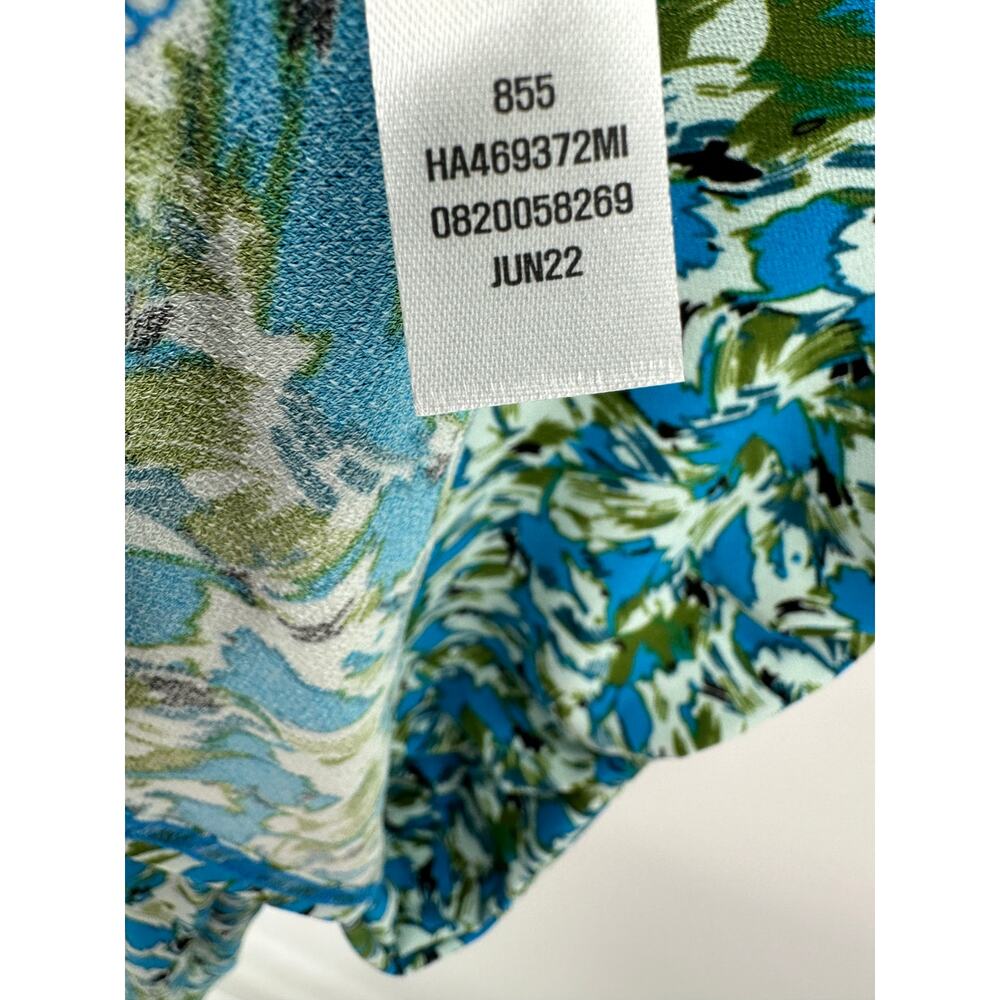 Halogen Blue Green Floral Cap Sleeve Ruched Waist Midi Dress HA469372MI Womens S - Picture 8 of 10